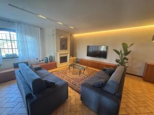 a living room with two blue couches and a tv at Villa La Quiete Inn -Private Pool - Parking - Wifi in Castenedolo