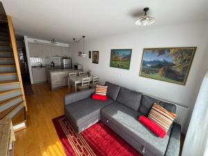 a living room with a gray couch and a kitchen at Apartment MANCA-HOLIN in Bohinj