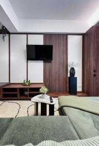 un soggiorno con una TV a schermo piatto su una parete di GreenTeam Apartments a Râmnicu Vâlcea