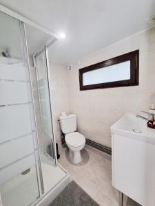 ein Badezimmer mit Toilette und Glasdusche in der Unterkunft Grand Studio Lumineux pour 4 personnes in Bois-dʼArcy