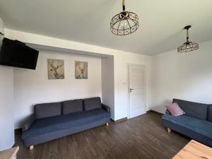 a living room with two blue couches and a tv at Apartamenty ZATOR20 2 min od Energylandii in Zator