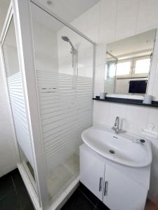 a white bathroom with a shower and a sink at Plattedijk - vakantiehuis 25-26 in Lemmer +18 photos