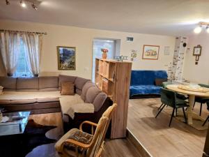 een woonkamer met een bank en een tafel bij Apartment in Zaton (Zadar) with Air conditioning, WIFI, Washing machine (4828-1) in Zaton