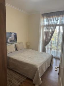 a bedroom with a bed and a large window at Jambo apartment 2 in Addis Ababa