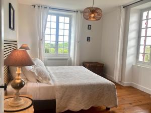 ein Schlafzimmer mit einem Bett mit einer Lampe und zwei Fenstern in der Unterkunft Domaine de Cazal - Gîte 2 pers avec piscine au cœur de 26 hectares de nature préservée in Saint-Cyprien + 33 Fotos
