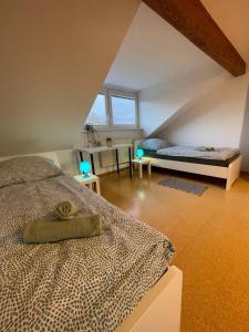 a bedroom with a bed in a attic at Geräumige Unterkunft für Familien und Gruppen, mitten in Zirndorf, für 8 Personen in Zirndorf