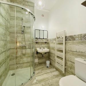a bathroom with a shower and a toilet and a sink at La Chtite Maison Béarnaise in Arthez-de-Béarn