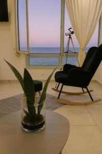 un salon avec une table, une chaise et une plante dans l'établissement ''SEA AND SKY'', à Agios Nikolaos