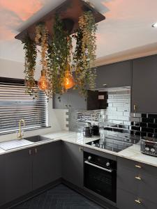 una cocina con armarios grises y macetas en The Hideaway, en Mánchester
