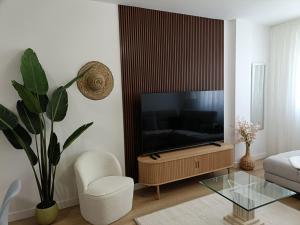 a living room with a television and a chair at Bahía Ferry Tranquilo, con Parking y Desayuno Casero en el Centro in Santander