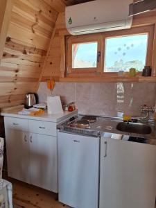 a kitchen with white appliances in a wooden cabin at Squirrel's House in Žabljak