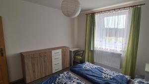 a bedroom with a bed and a dresser and a window at Apartmán U AKVARISTY in Černá v Pošumaví