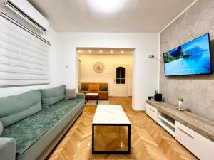 a living room with a couch and a tv at 3 bedroom apartment Budva in Budva