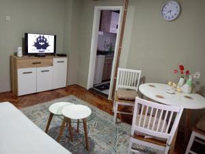 a living room with a table and chairs and a television at Zen apartman in Zaječar +3 photos