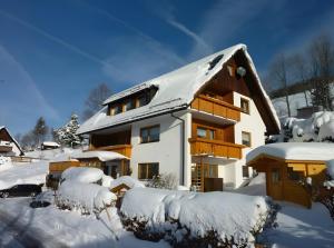 a snow covered house with a snow covered roof at Haus Rosenfelder Fewo Abendsonne in Bernau im Schwarzwald