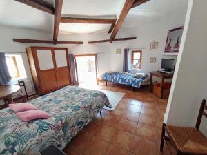 Un dormitorio con dos camas y un televisor. en La maison de Jules, en Saint-Guilhem-le-Désert