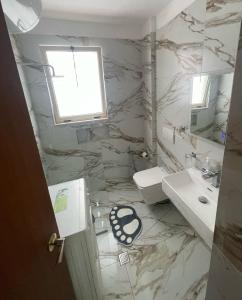 ein Badezimmer mit Marmorwänden, einem Waschbecken und einem WC in der Unterkunft Ap Relax , Golem - Mali robit in Golem
