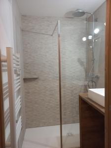 een glazen douche in een badkamer met een wastafel bij Sur le TMB Les Contamines in Les Contamines-Montjoie