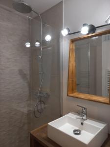 een badkamer met wastafel en douche bij Sur le TMB Les Contamines in Les Contamines-Montjoie