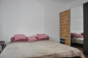 a bedroom with a bed with pink pillows and a mirror at Modernes Apartment in B'heim 1 OG WG3 in Bischofsheim