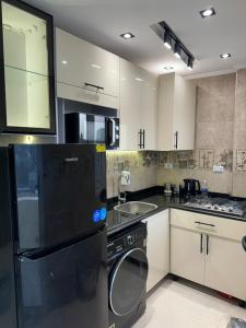 a kitchen with a black refrigerator and a dishwasher at Temple & Nile view in Luxor