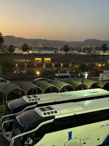 a group of buses parked in a parking lot at Temple & Nile view in Luxor