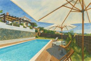 uma pintura de uma piscina com um guarda-sol em Quinta do Chafariz em Algaça