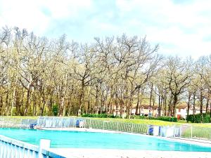 a swimming pool with a fence and some trees at Studio cabine 5 personnes in Monflanquin