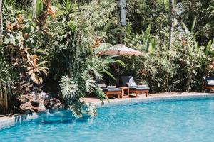 a swimming pool with two chairs and an umbrella at Overo Lodge & Selva in Puerto Iguazú
