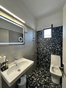 a bathroom with a sink and a toilet at Tsimiklis Apartments in Finikounta