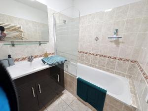 a bathroom with a tub and a sink and a mirror at Studio Centre Ville Tarbes in Tarbes