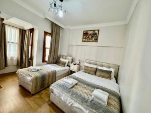 une chambre avec deux lits et un lustre dans l'établissement Rosalie Palace, à Istanbul