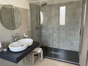 un bagno con lavandino e doccia di Albamaris Guest House a Botricello