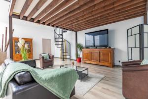 a living room with a couch and a flat screen tv at Loft & Spa LE FAUBOURG SAINT MARTIN in Senlis