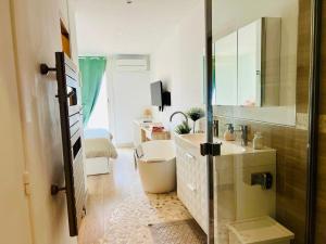 a bathroom with a sink and a toilet and a mirror at Loft Marina in Cogolin +25 photos