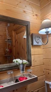 a mirror and a vase of flowers on a shelf in a room at La cabane des amoureux du jardin in Barjols