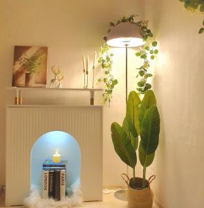 a room with a fireplace with a candle and a plant at Noddle Sun Stay in Seoul