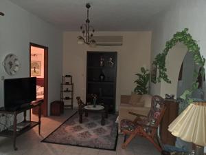 a living room with a couch and a tv at Οικια κοντα μονοπατι των κενταυρων in Portariá +9 photos