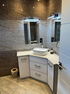 een badkamer met een wastafel en een spiegel bij Caz la plaz - Beach front apartment - 2BR in Flic-en-Flac