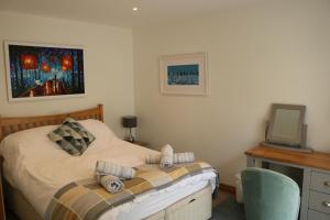 a bedroom with a bed and a desk and a television at Luxury 2 bedroom property in quiet location close to SW Coastal Path in Paignton