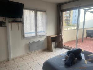 a bedroom with a bed and a television and a balcony at Studio Climatisé et Grande Terrasse Tarbes Centre in Tarbes