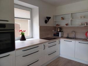 eine Küche mit weißen Schränken und einem Fenster in der Unterkunft LaykaFlat in Rakek