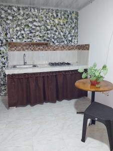 una cucina con un lavello, un fornello e un tavolo di El Apartastudio de Doña Gilma a Pijao