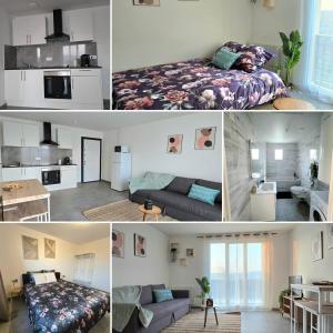 a collage of photos of a bedroom and a living room at Urban Zen - Freneuse in Freneuse