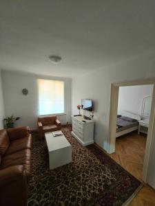 ein Wohnzimmer mit Sofa und Tisch in der Unterkunft Apartment SG, Sarajevo in Sarajevo