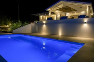 a swimming pool with blue lighting in a backyard at night at Amazing Oceanview Villa with Private Pool - Fast WiFi in Ojochal