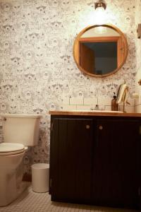 une salle de bain avec toilettes et miroir dans l'établissement Bellwood Cottage 8-14min to all Roxbury Wed Venues, à Roxbury 28 autres photos