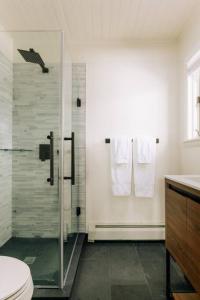 a bathroom with a shower and a toilet and a sink at Catskills Arthouse - 15 mins to Skiing in Margaretville +31 photos