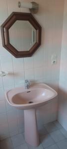 une salle de bain avec un lavabo rose et un miroir dans l'établissement Chez Jean Michel, à La Celle-sous-Gouzon