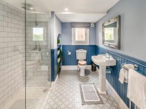 a blue bathroom with a toilet and a sink at Riverside Georgian House with Hot Tub, Sauna & Parking in Selby +20 photos